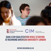 The image shows a classroom setting with focused students and promotional text for CIM qualification at ϲֱֳ American University London.
