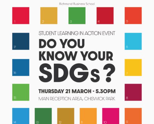 This is a colorful event poster for "Do You Know Your SDGs?" taking place on Thursday, 21 March at 5:30pm, relating to sustainability goals, featuring various colored squares.