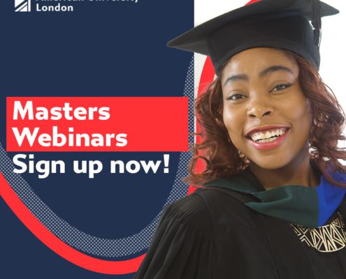 An advertisement featuring a cheerful person in graduation attire promoting "Masters Webinars" at ϲֱֳ American University London, encouraging sign-ups with a motivational tagline.