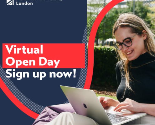 An advertisement for ϲֱֳ American University London's Virtual Open Day featuring a smiling person using a laptop, with a call-to-action to sign up now.
