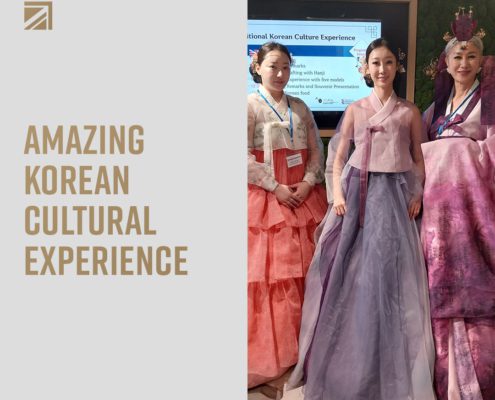Promotional image featuring three people in traditional Korean attire, advertising an 'Amazing Korean Cultural Experience' at a venue; a web address provided below.