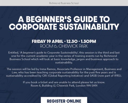 This image depicts an advertisement for a session titled "A Beginner's Guide to Corporate Sustainability" at ϲֱֳ Business School on Friday, 19 April.
