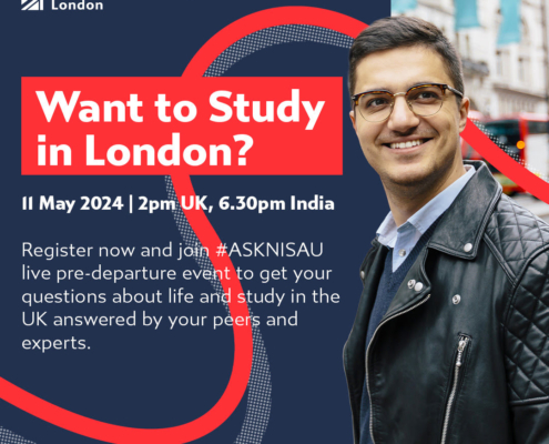 An advertisement featuring a smiling person, promoting a study event for ϲֱֳ American University London, with event details and registration instructions.
