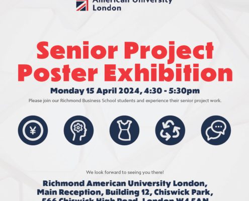 This is a promotional poster for ϲֱֳ American University London's Senior Project Poster Exhibition scheduled for Monday, 15 April 2024, from 4:30 to 5:30 pm.