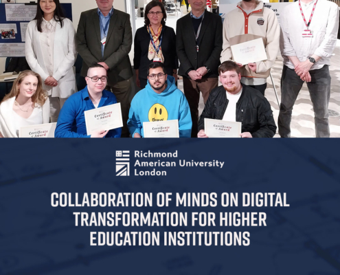 Group of people posing with certificates, representing a collaboration on digital transformation for higher education at ϲֱֳ American University London.