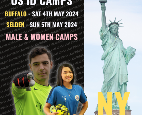 The image is an advertisement with two people, sporting gear, dates for "US ID CAMPS," and the Statue of Liberty, indicating a New York location.